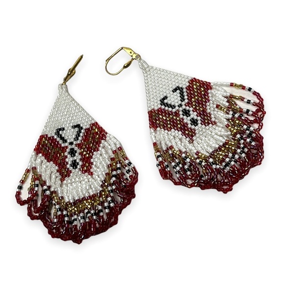 Gorgeous Seed Bead Native American Style Pierced Earrings Butterfly Maroon Gold - Picture 2 of 8